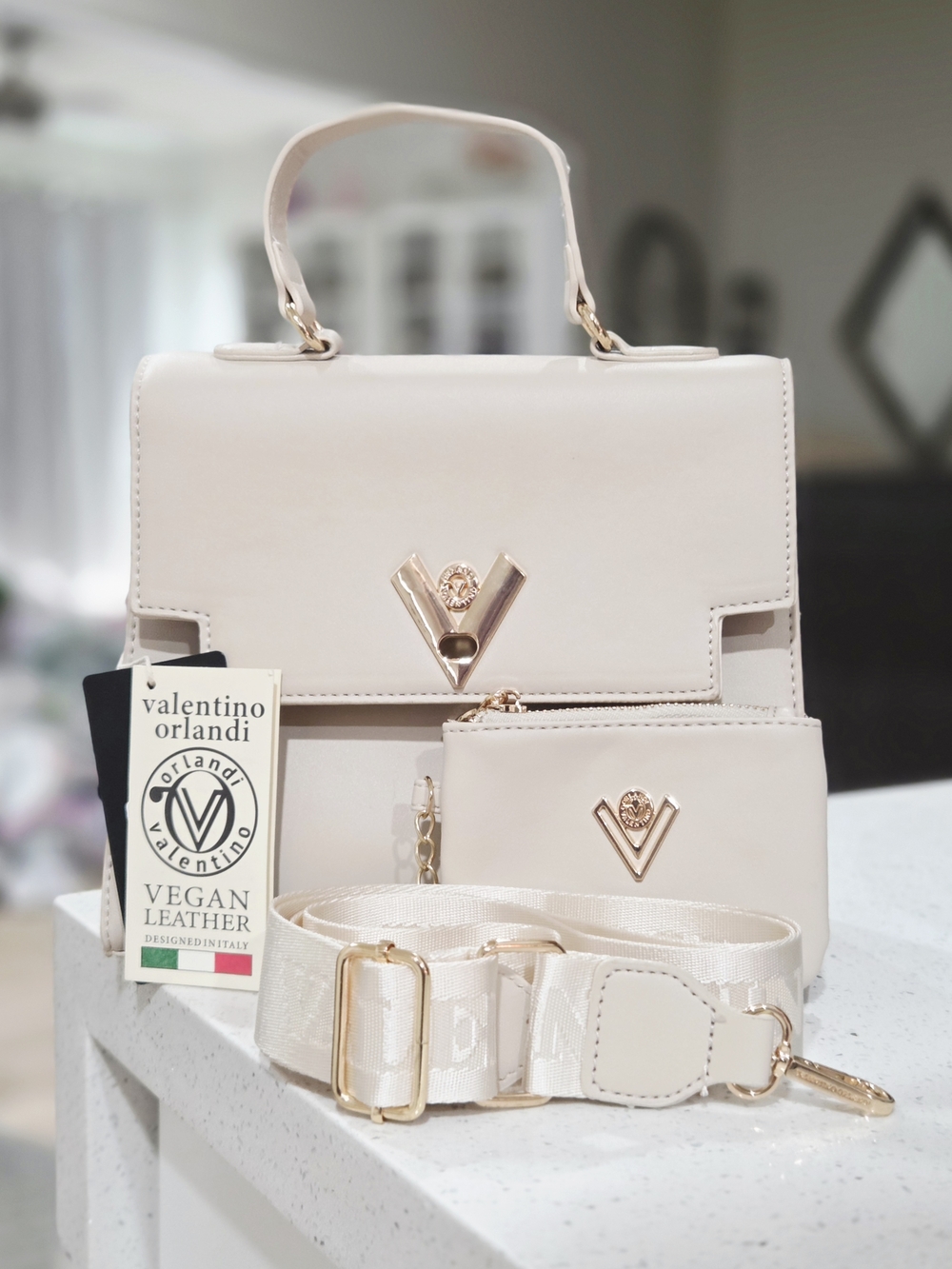 Valentino Orlandi Cream Vegan Leather Top-Handle Bag with Strap